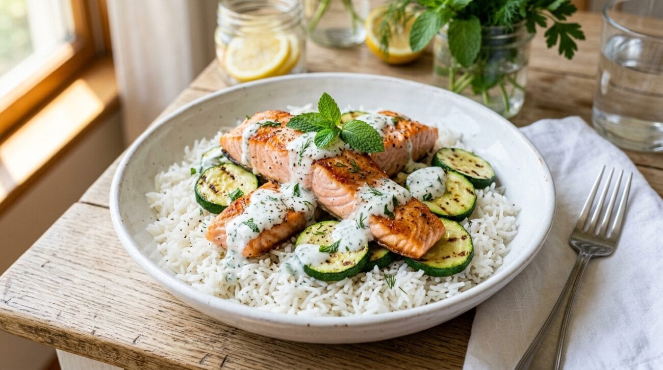 Riso Basmati al Vapore con Salmone Zucchine e Salsa allo Yogurt e Menta