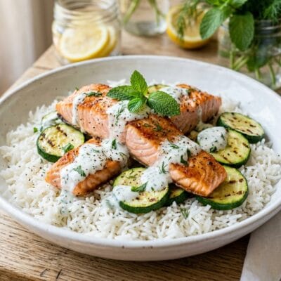 Riso Basmati al Vapore con Salmone Zucchine e Salsa allo Yogurt e Menta