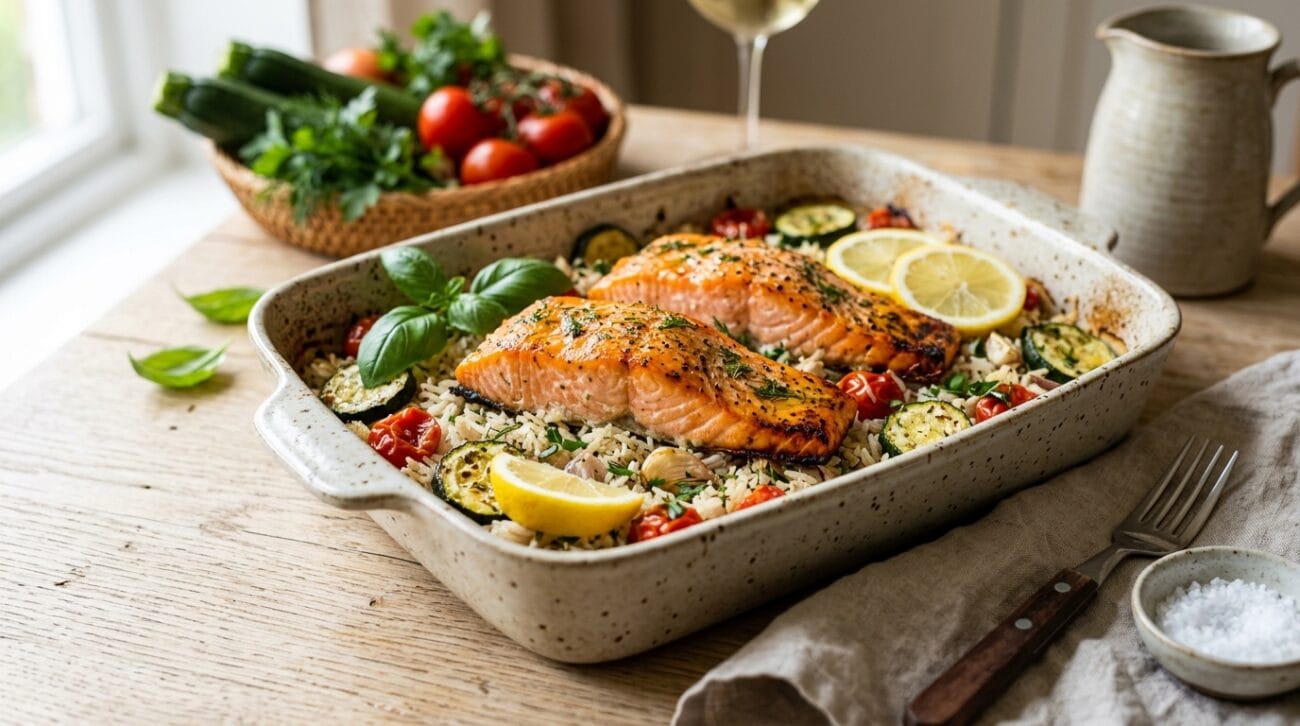 Salmone al Forno con Riso Basmati Zucchine e Pomodorini