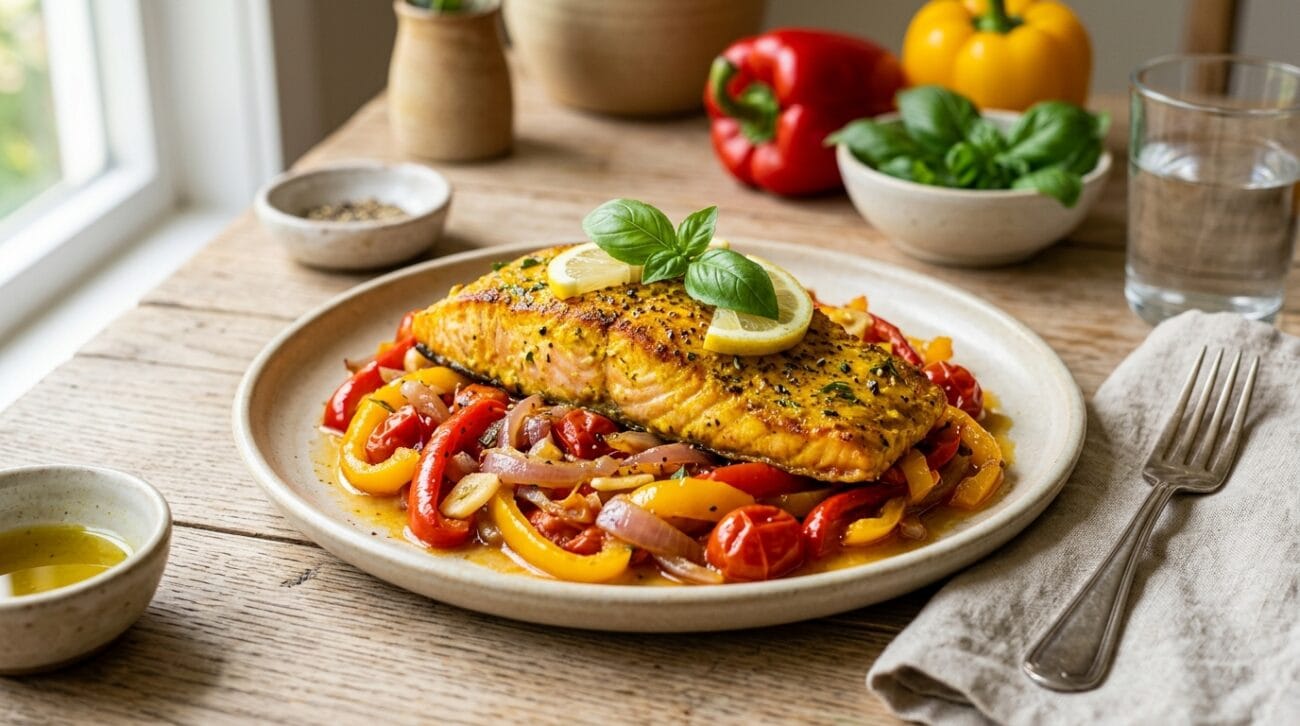 Salmone alla Curcuma con Peperonata Estiva