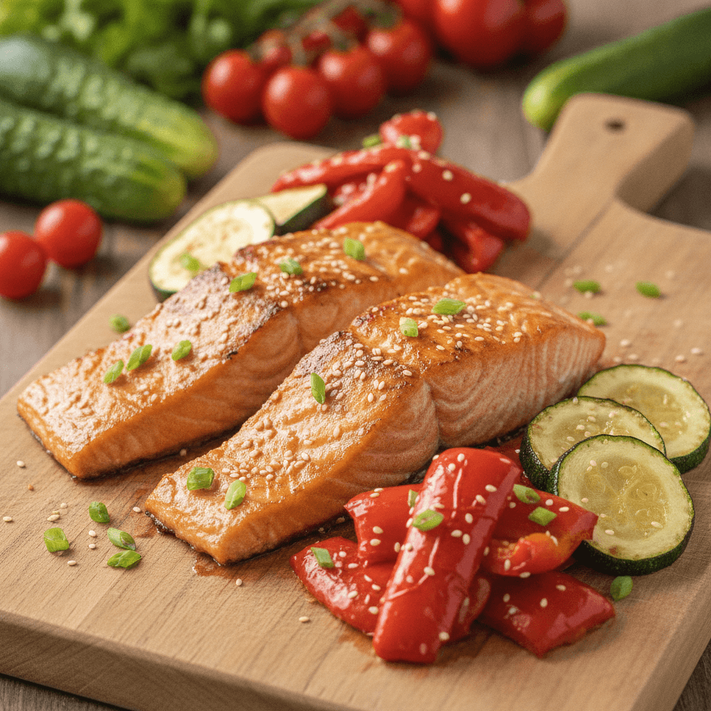 Salmone Glassato al Miso con Peperoni e Zucchine in Friggitrice ad Aria