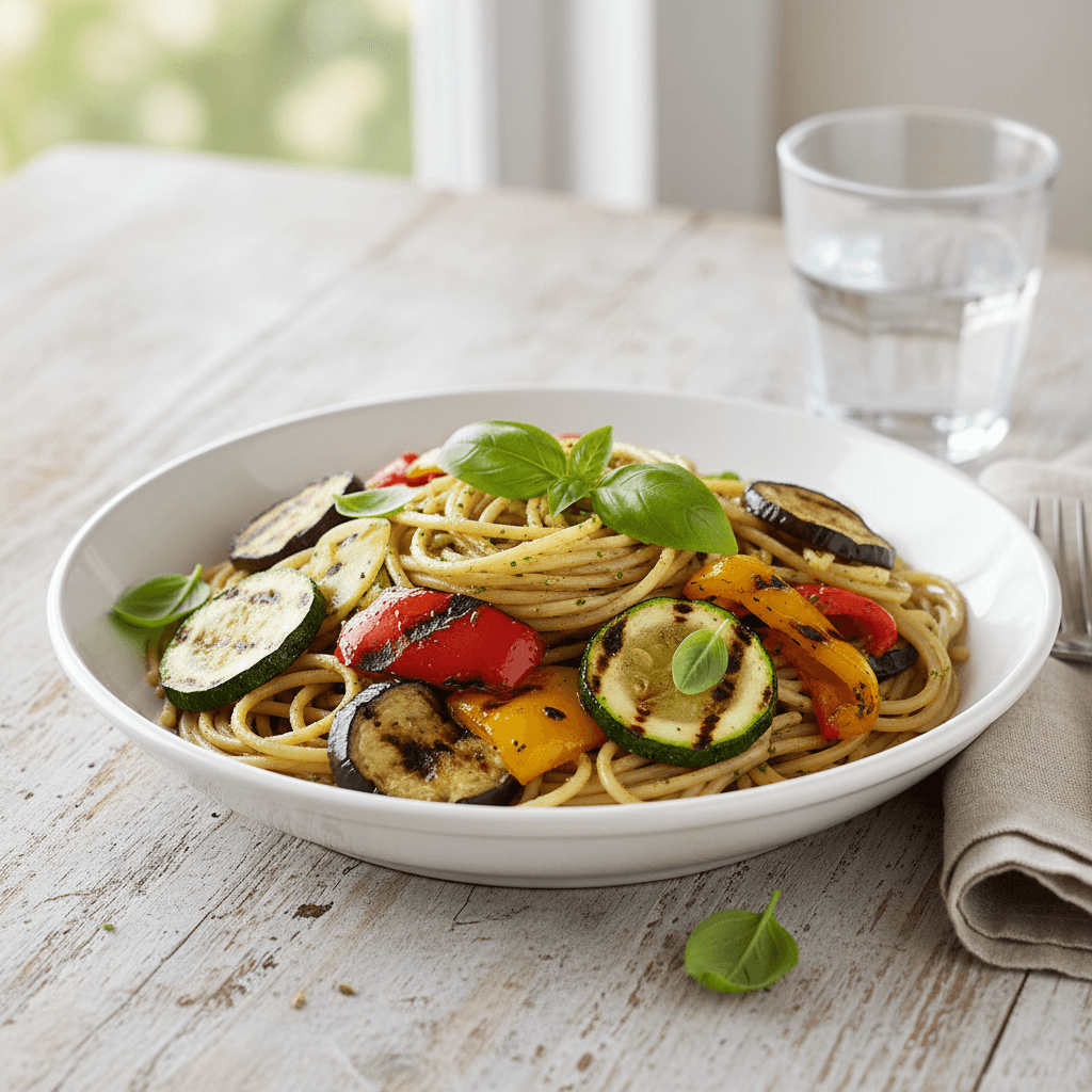 Spaghetti Integrali con Verdure Grigliate e Pesto di Basilico