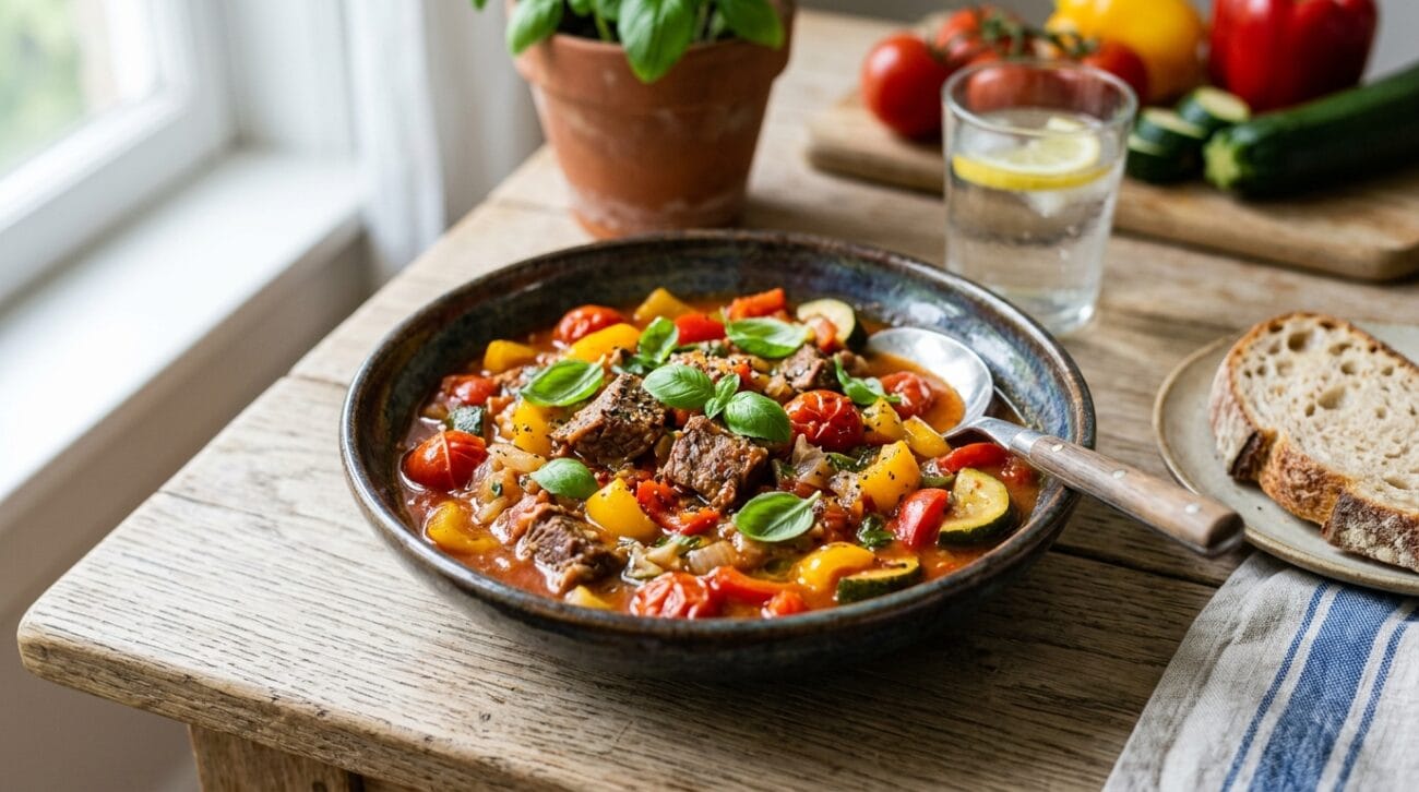 Spezzatino di Manzo Estivo con Peperoni e Pomodorini