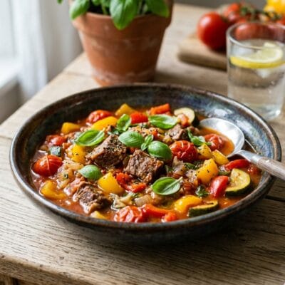 Spezzatino di Manzo Estivo con Peperoni e Pomodorini