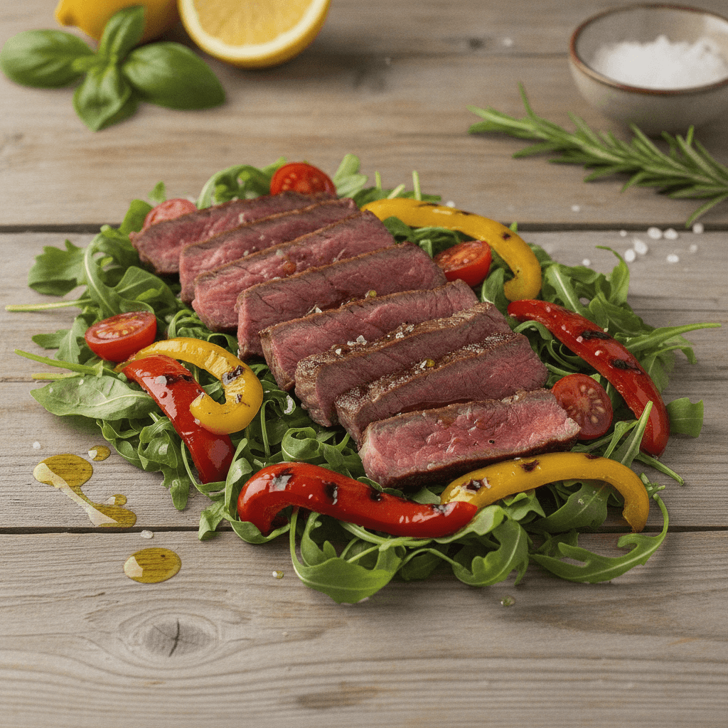 Tagliata di Manzo con Peperoni Arrosto e Rucola