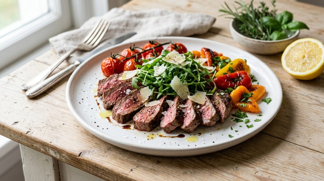 Tagliata di Manzo con Peperoni e Pomodorini all’Aria