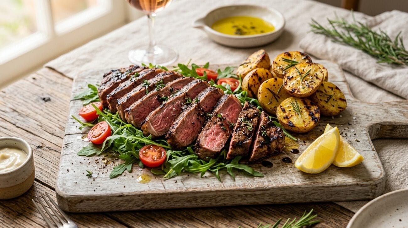 Tagliata di Manzo con Rucola Pomodorini e Patate Novelle alla Griglia