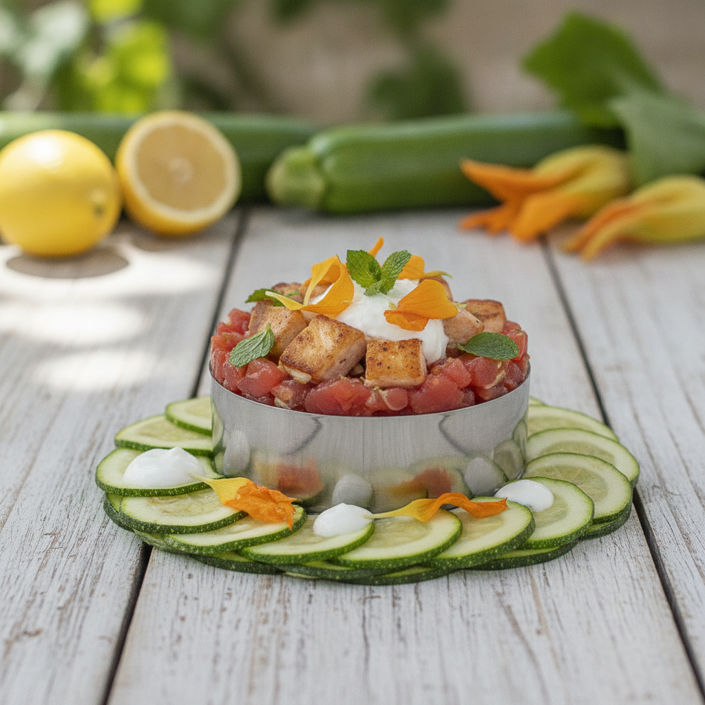 Tartare di Salmone Scottato con Zucchine e Fiori di Zucca