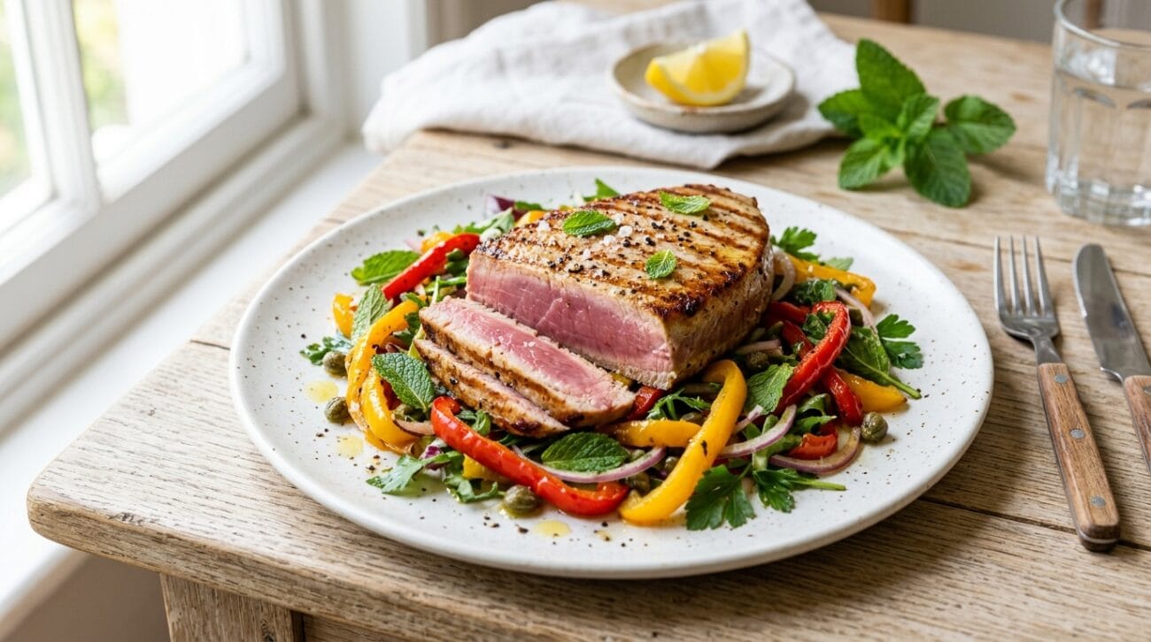 Tonno alla Griglia con Insalata di Peperoni Arrosto e Menta