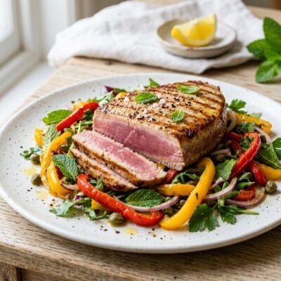 Tonno alla Griglia con Insalata di Peperoni Arrosto e Menta