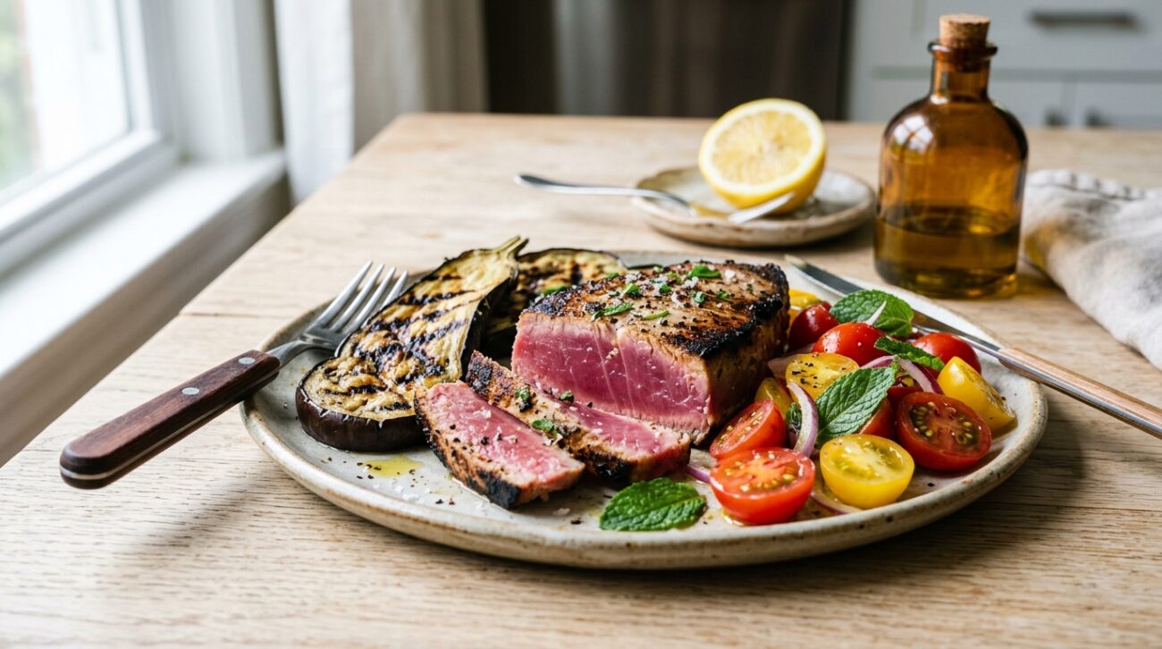 Tonno Scottato con Insalata di Pomodori Melanzane e Menta