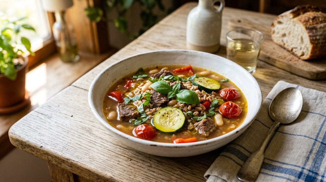 Zuppa di Manzo e Verdure Estive con Farro