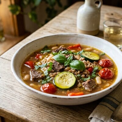 Zuppa di Manzo e Verdure Estive con Farro