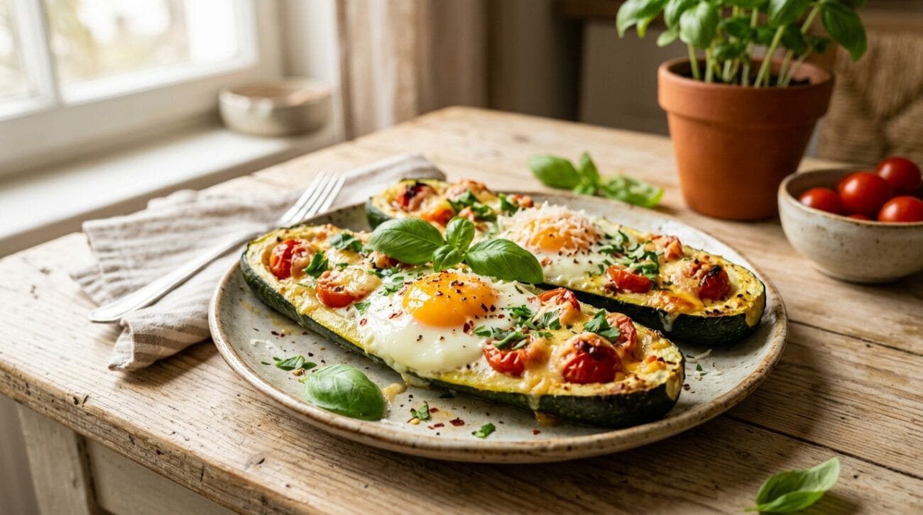 Barchette Di Zucchine Con Uovo E Pomodorini In Friggitrice Ad Aria