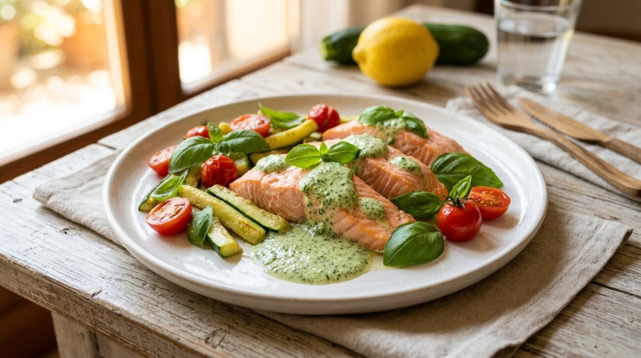 Bocconcini di Salmone al Vapore con Zucchine e Salsa di Yogurt al Basilico