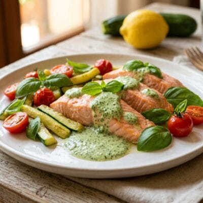 Bocconcini di Salmone al Vapore con Zucchine e Salsa di Yogurt al Basilico