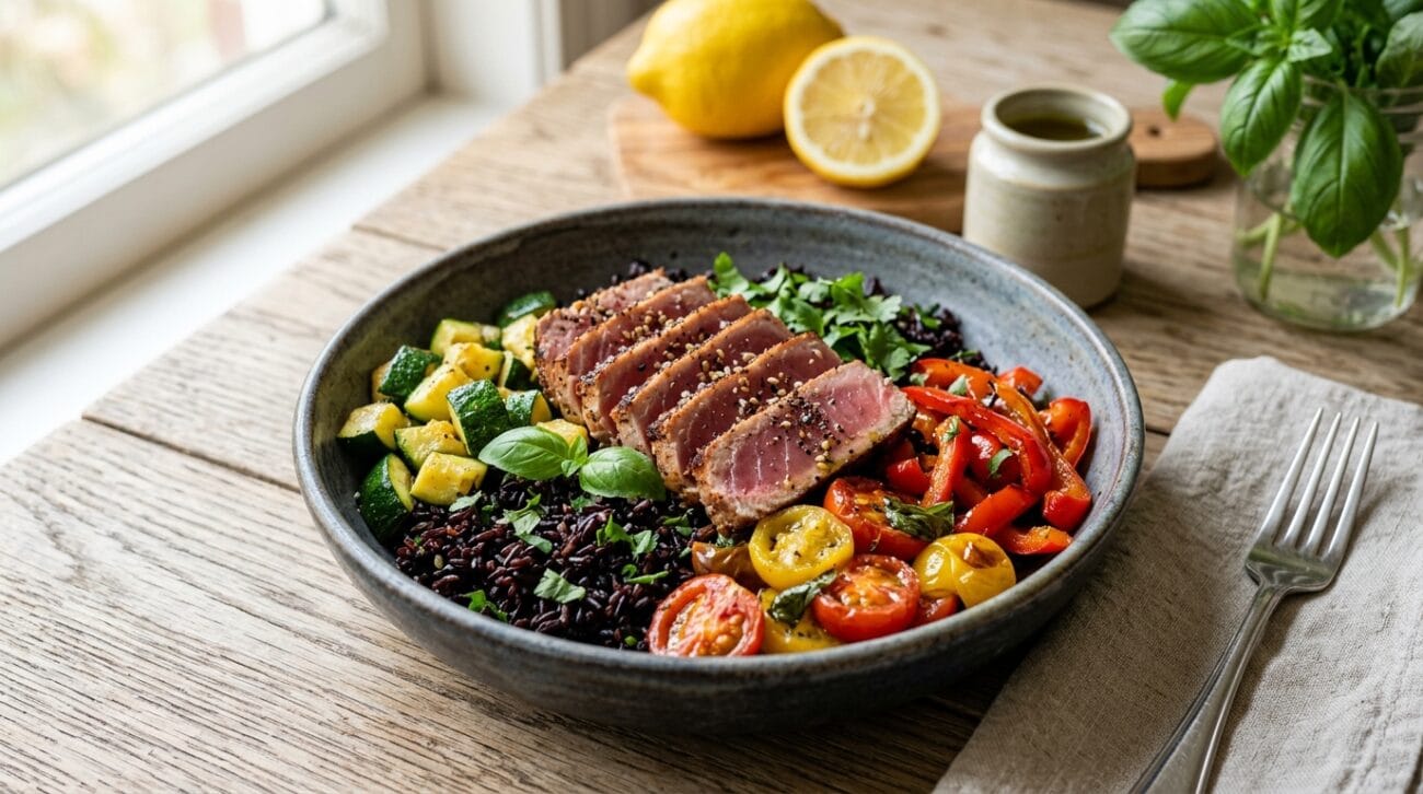 Bowl di Tonno Scottato con Riso Venere e Verdure Estive