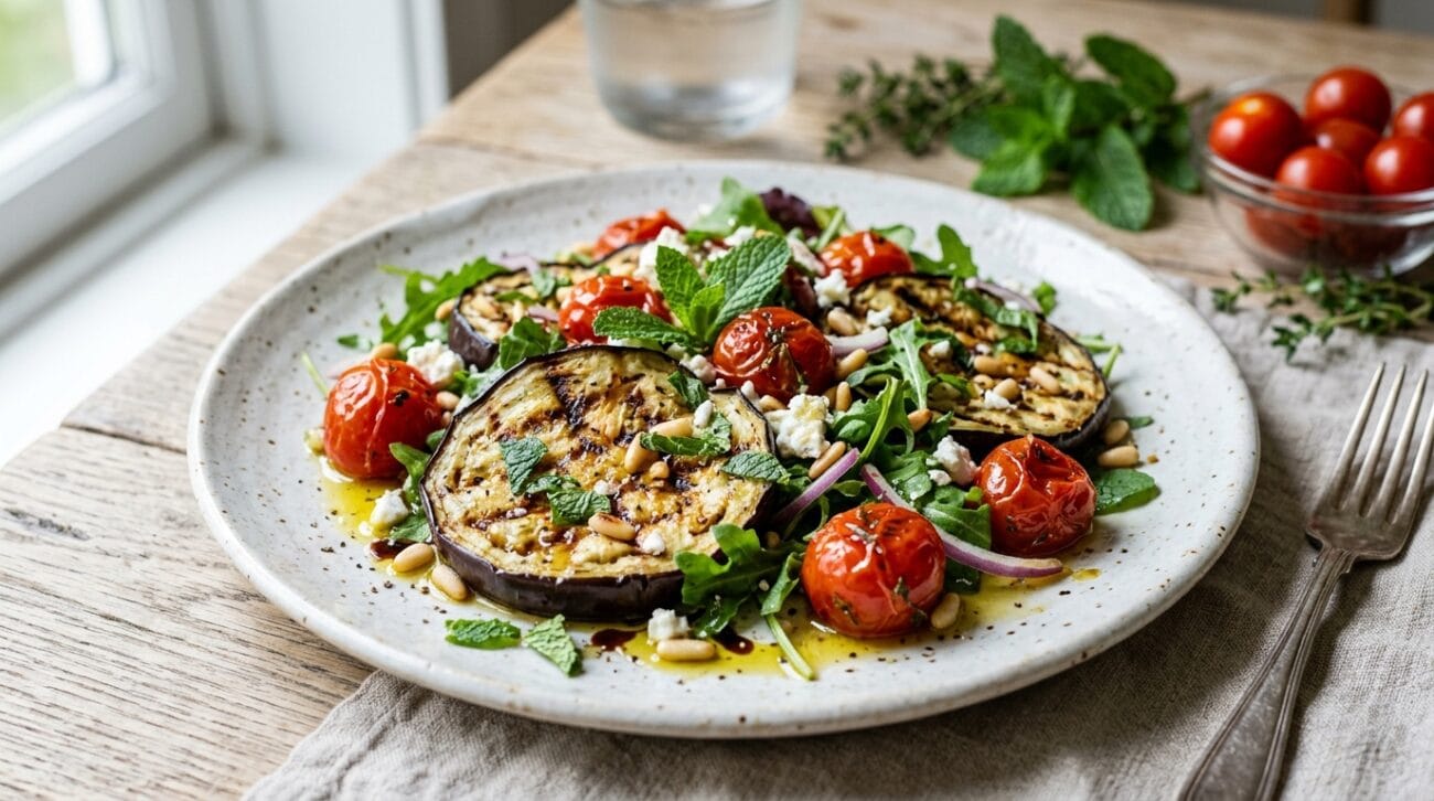 Insalata Tiepida di Melanzane Grigliate, Pomodorini Confit e Menta