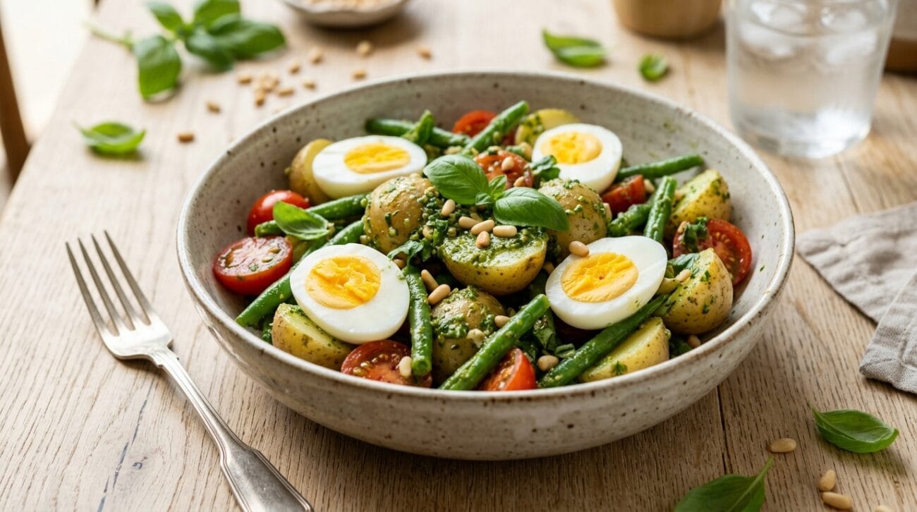 Insalata Tiepida di Uova, Patate Novelle e Fagiolini al Pesto di Basilico
