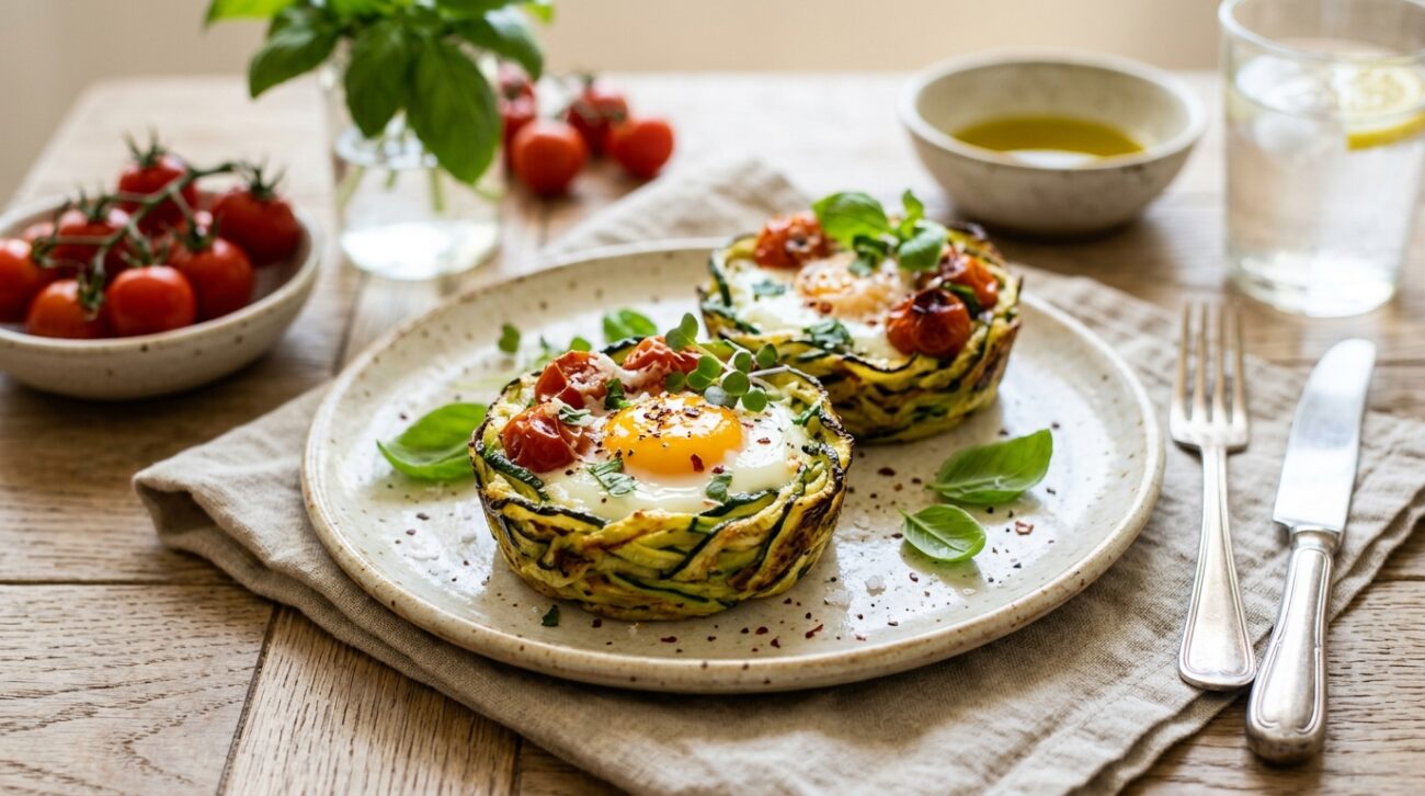 Nidi di Zucchine al Forno con Uovo e Pomodorini Confit