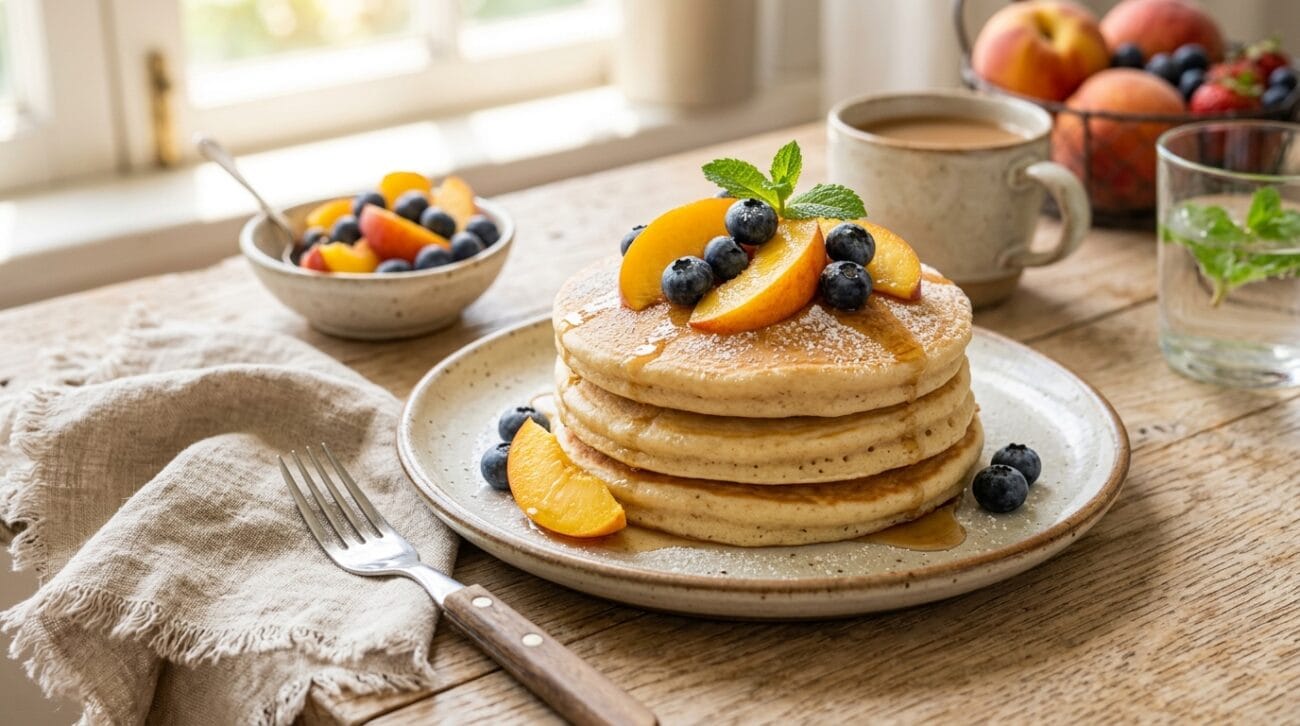 Pancake Proteici al Vapore con Pesche e Mirtilli