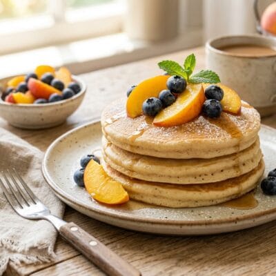 Pancake Proteici al Vapore con Pesche e Mirtilli