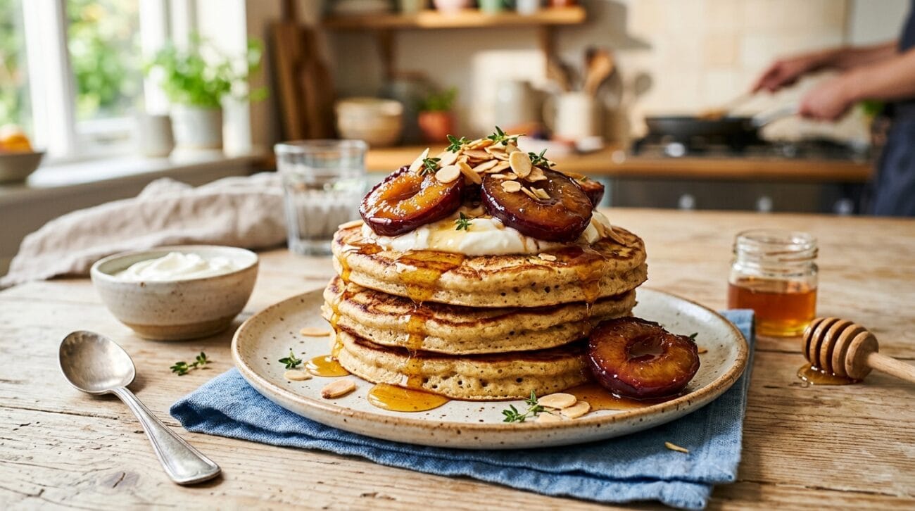 Pancake Proteici alla Griglia con Susine Caramellate e Yogurt Greco