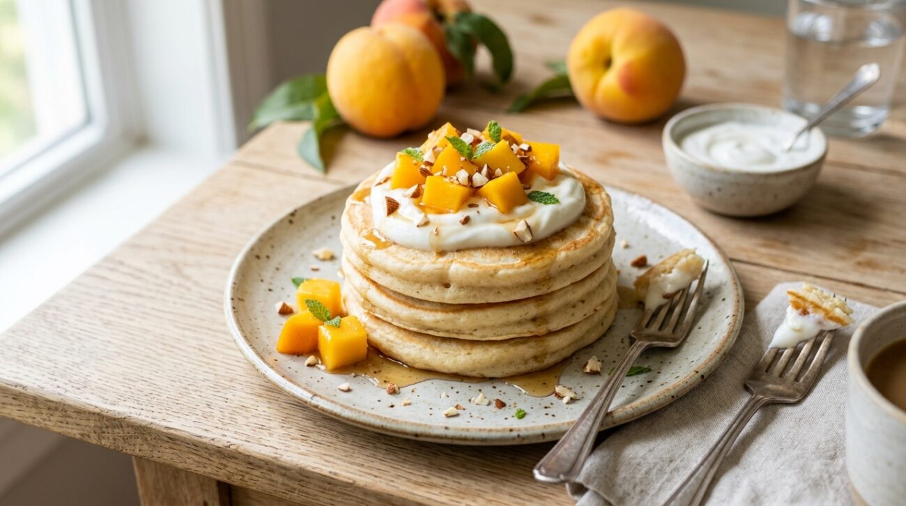 Pancake Proteici al Vapore con Yogurt Greco e Pesche