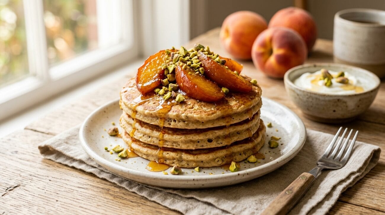 Pancake Proteici allo Yogurt Greco con Pesche Caramellate e Pistacchi