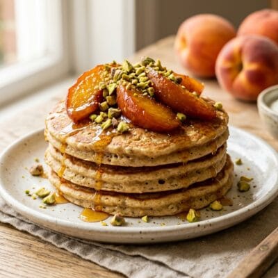 Pancake Proteici allo Yogurt Greco con Pesche Caramellate e Pistacchi