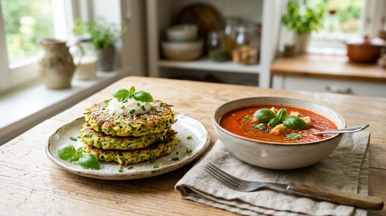 Pancake Salati Alle Zucchine Con Zuppa Fredda Di Pomodoro