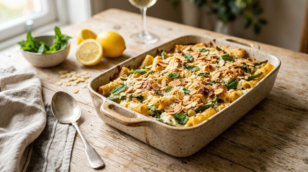 Pasta al Forno con Ricotta Fagiolini Menta e Mandorle