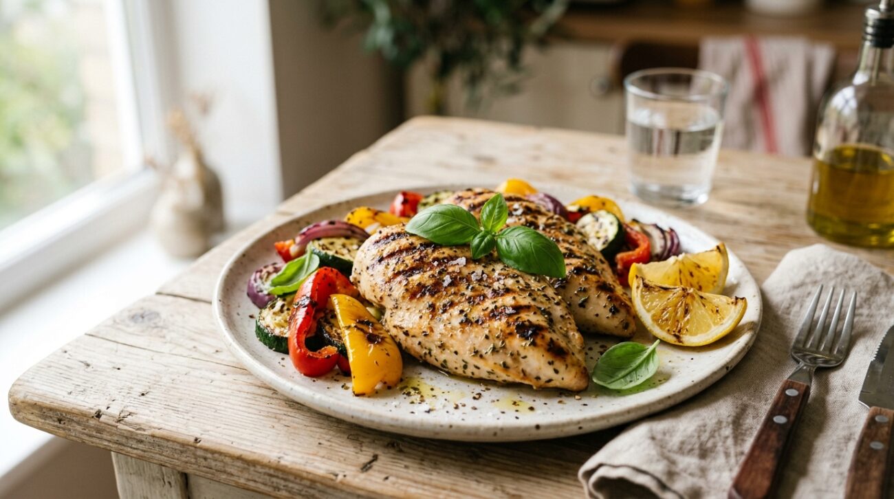 Petto di Pollo alla Griglia con Peperoni e Zucchine Grigliate