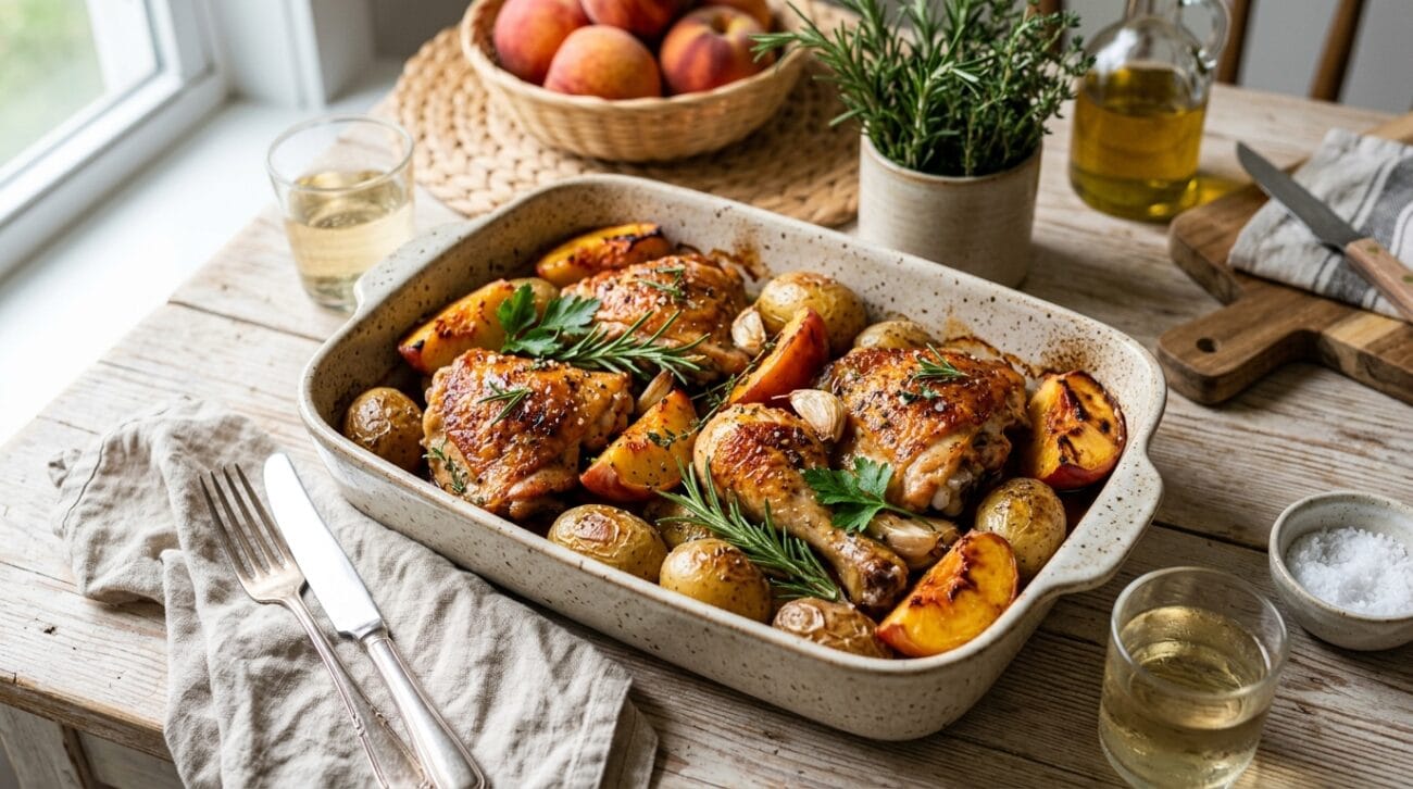 Pollo al Forno con Pesche Rosmarino e Patate Novelle