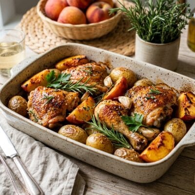 Pollo al Forno con Pesche Rosmarino e Patate Novelle