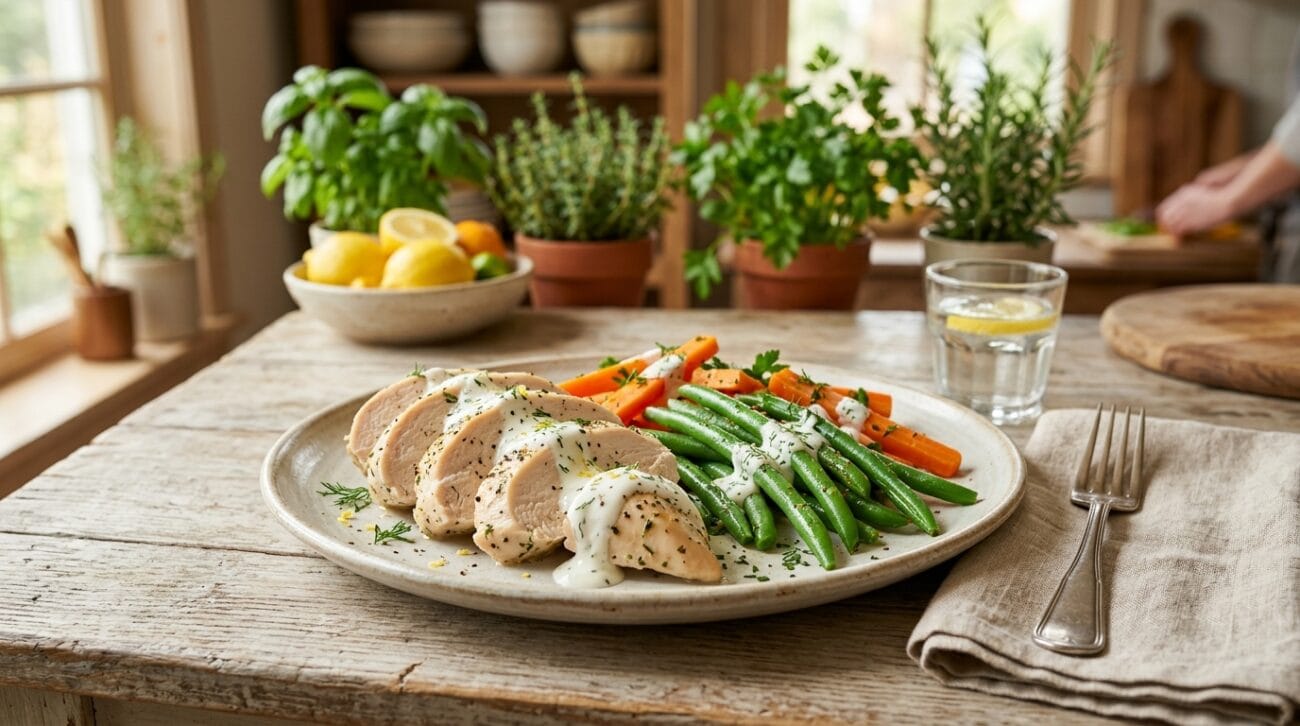 Pollo al Vapore al Limone e Rosmarino con Fagiolini e Carote Croccanti