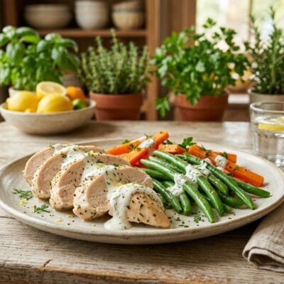 Pollo al Vapore al Limone e Rosmarino con Fagiolini e Carote Croccanti