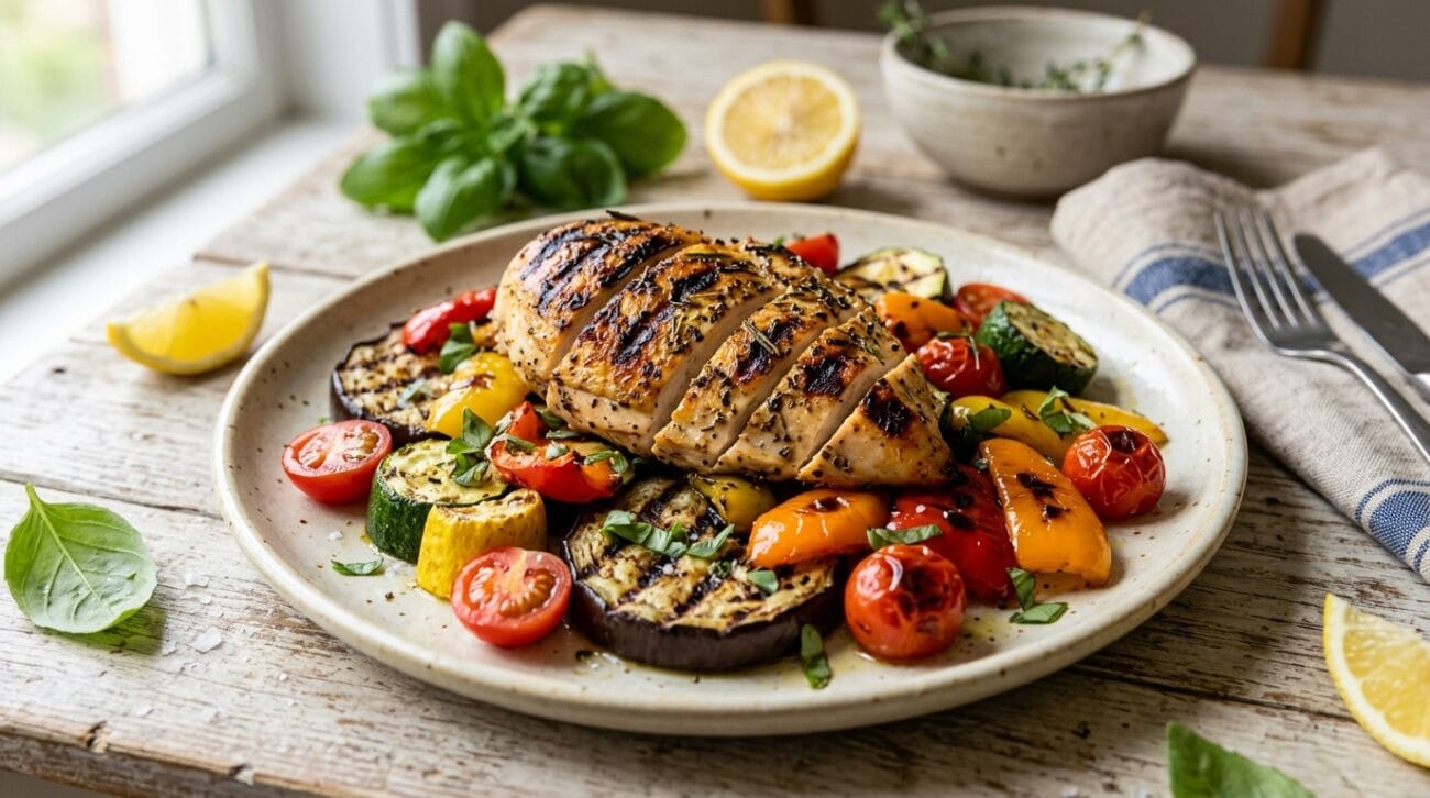 Pollo alla Griglia Speziato con Verdure Estive Grigliate