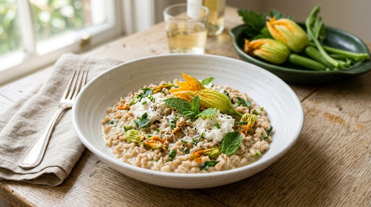 Risotto di Farro con Ricotta Fiori di Zucca e Menta