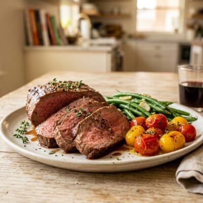 Roast Beef in Friggitrice ad Aria con Fagiolini e Pomodorini Confit