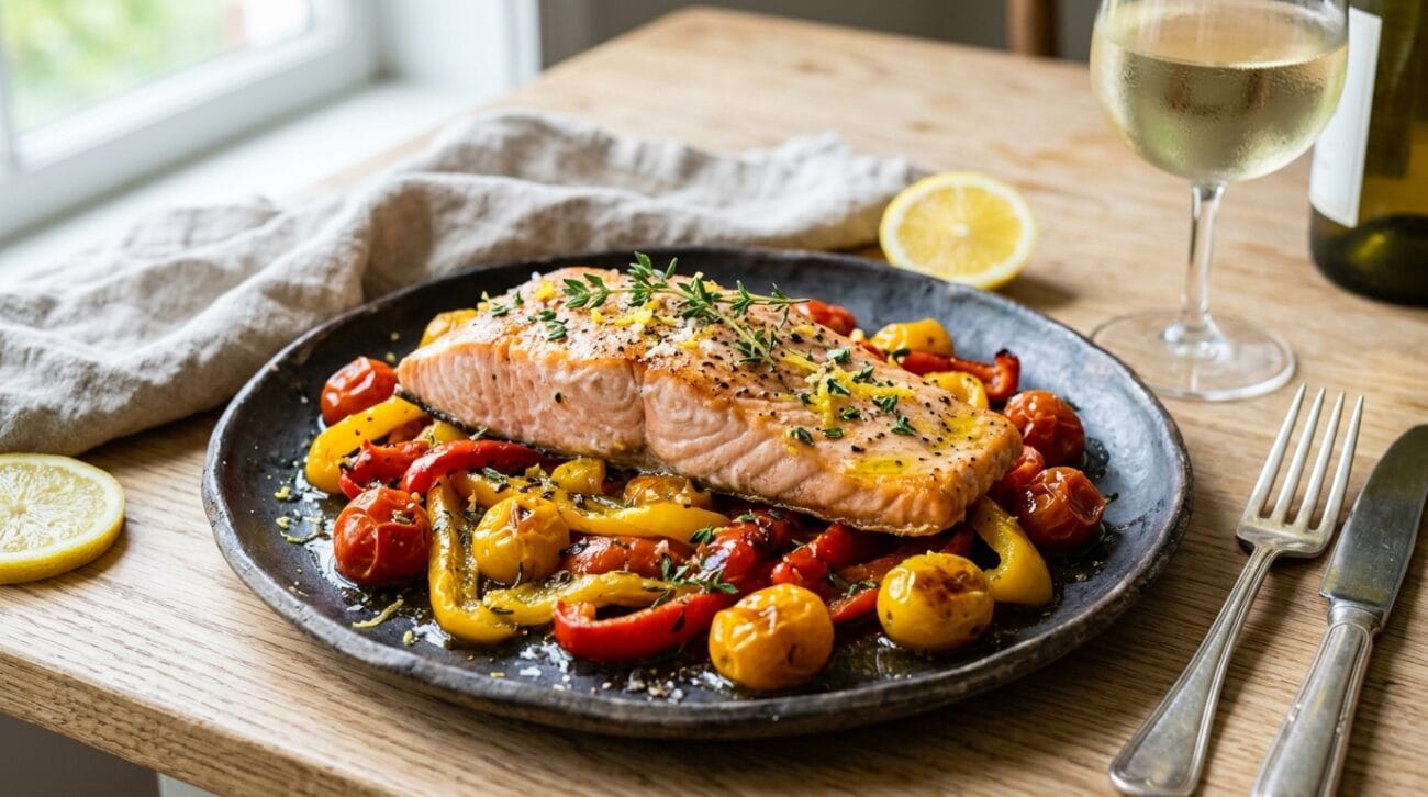 Salmone al Forno con Peperoni e Pomodorini Confit