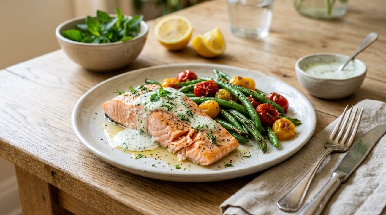 Salmone al Vapore con Fagiolini e Salsa Yogurt-Menta
