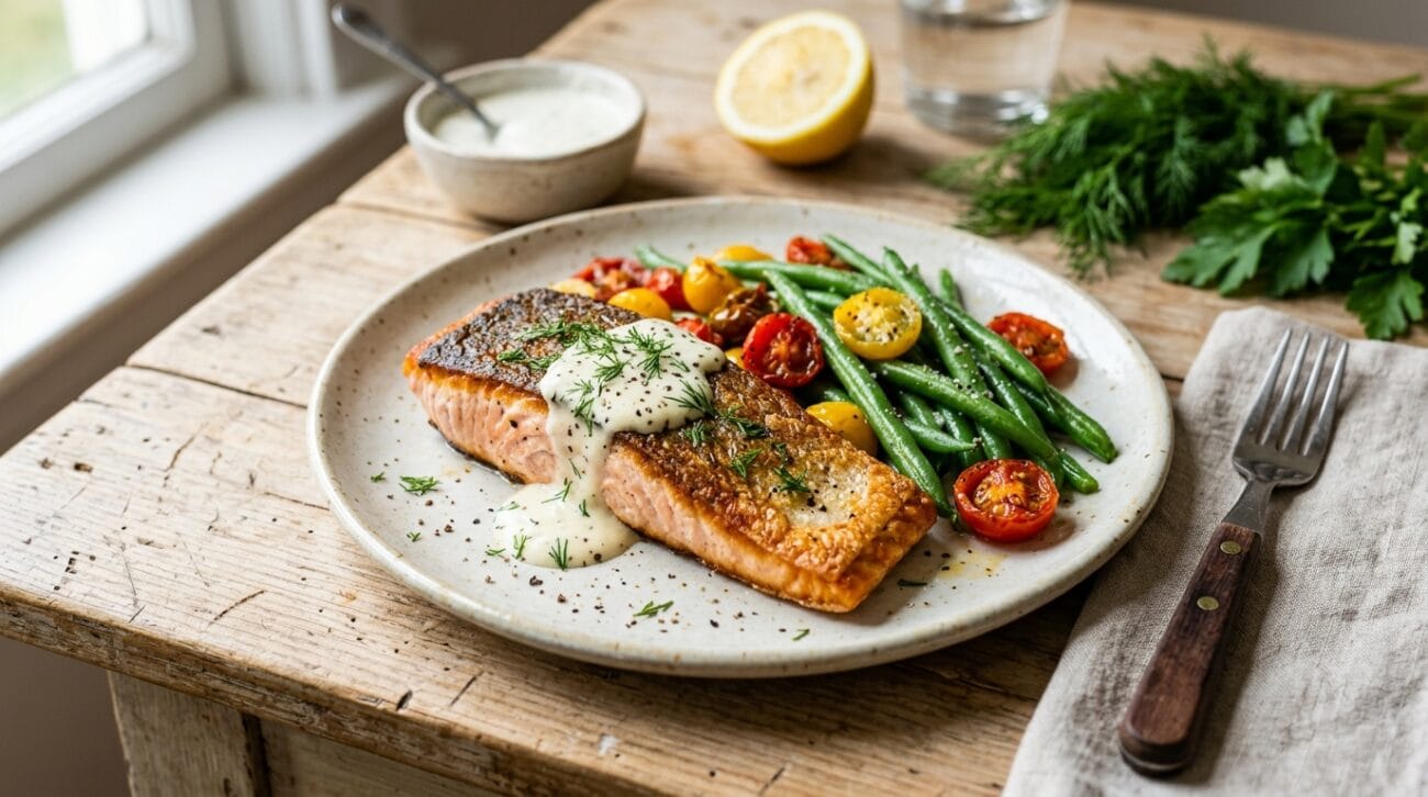 Salmone Scottato con Fagiolini Croccanti e Salsa Yogurt-Limone