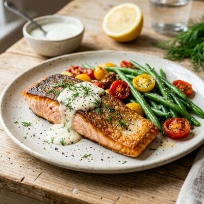 Salmone Scottato con Fagiolini Croccanti e Salsa Yogurt-Limone