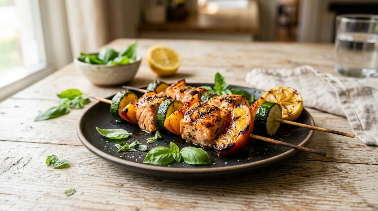 Spiedini Di Salmone Grigliato Con Pesche E Zucchine