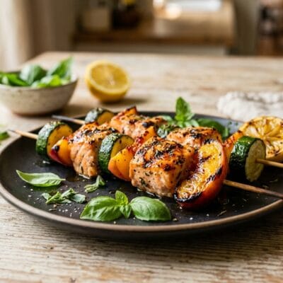 Spiedini Di Salmone Grigliato Con Pesche E Zucchine