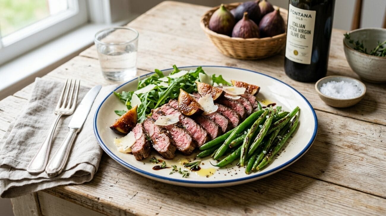 Tagliata di Manzo con Fichi Caramellati e Fagiolini Croccanti