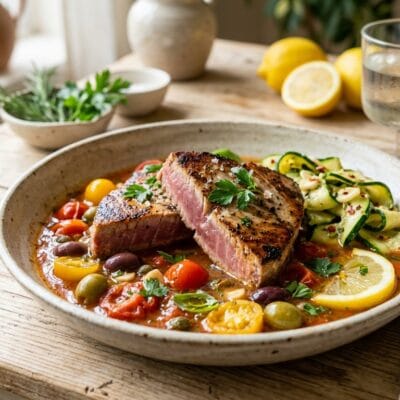 Tonno Fresco all'Acqua Pazza con Zucchine Croccanti