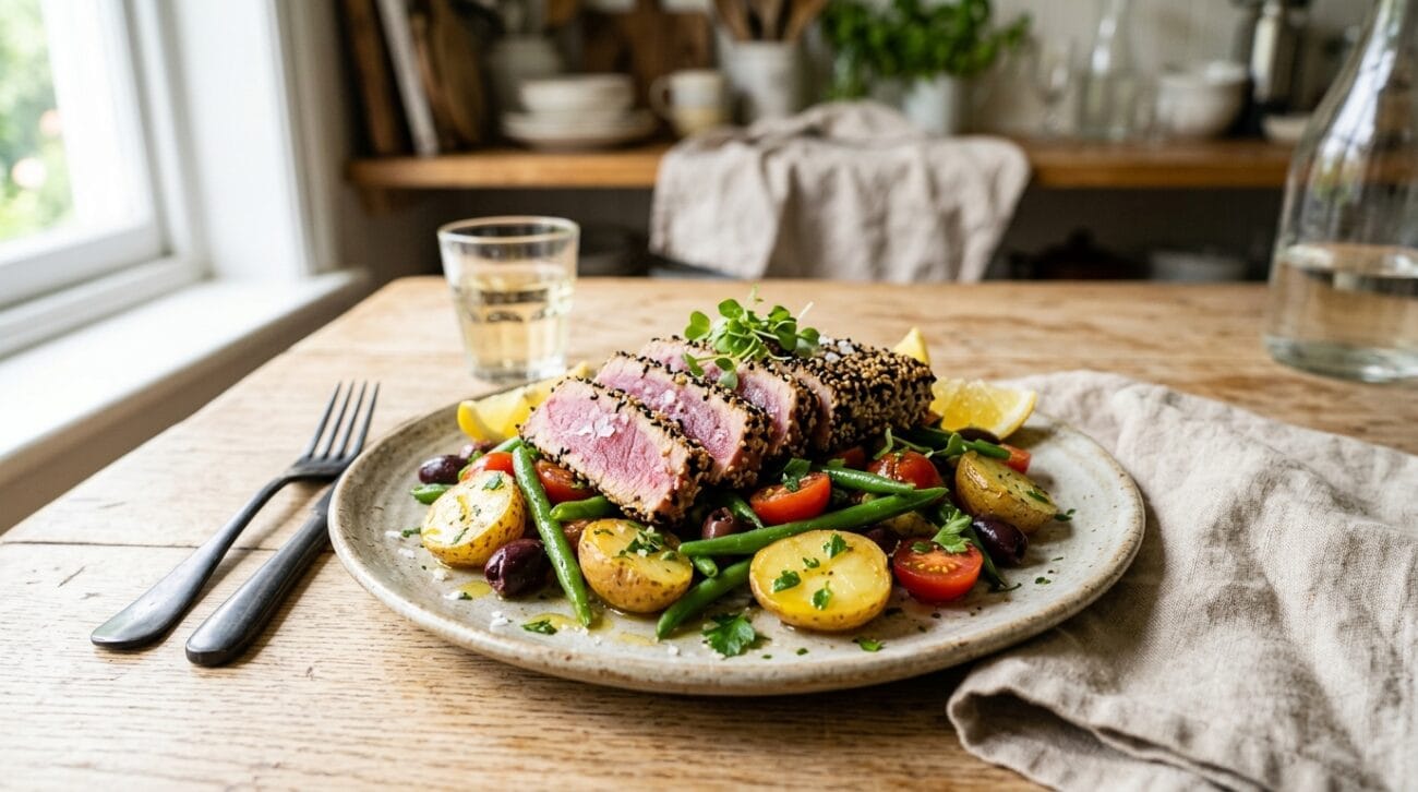 Tonno Fresco in Crosta di Sesamo con Insalata Tiepida di Patate Novelle e Fagiolini