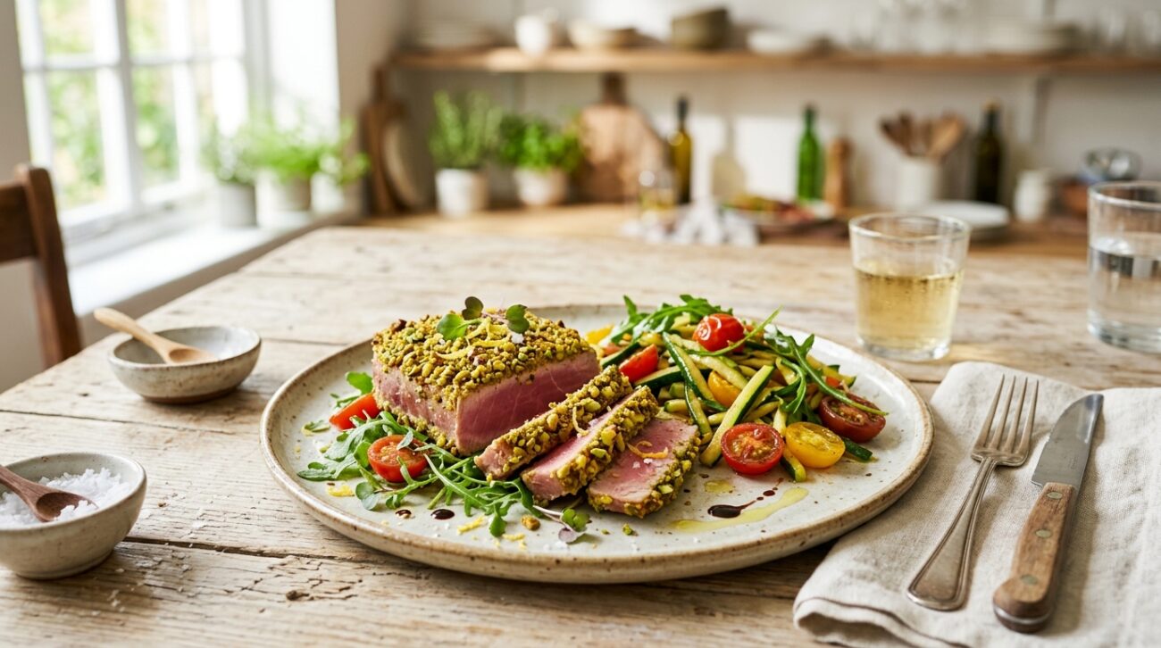Tonno in Crosta di Pistacchi alla Friggitrice con Insalata di Zucchine e Pomodorini